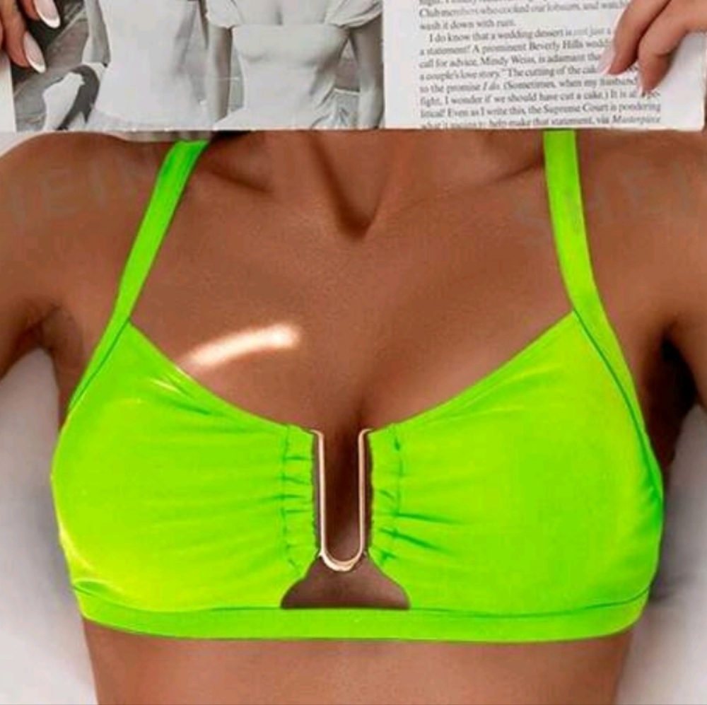 NWOT Sexy Metal Hardware V Wire Neon Bikini Top, L (8-10), Lime Green